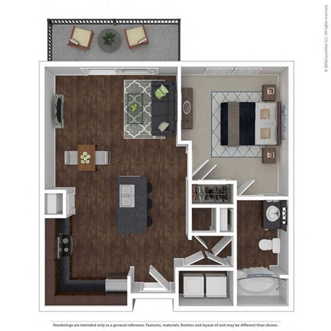 Floor plan for 1 bed, 1 bath, 724 sqft